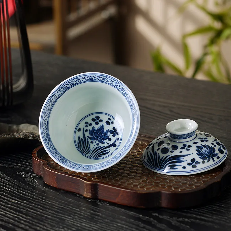 High-End Jingdezhen Blue and White Fish Algae Pattern Hover Two Tureen Not Hot Tea Brewing Bowl Household Ceramic Cup Large