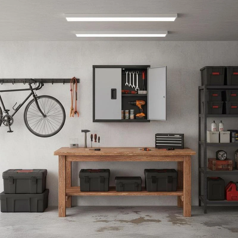 

Foldable Wall Cabinet, Metal Garage Locker Mounted 26" Small Tool Chest 240 LBS Loading Capacity Adjustable Shelf Magnetic Door File for Warehouse Office Home Black