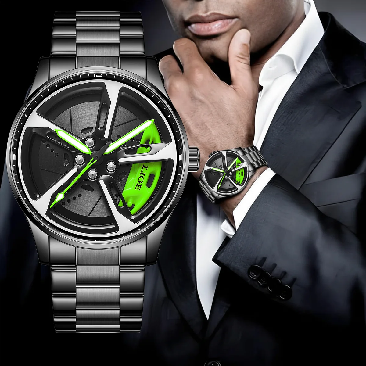 

LIGE 2026 Fashion Men's Watches Rotating Dial Car Clock Stainless Steel Sports Style 30M Waterproof Quartz Movement Casual Watch