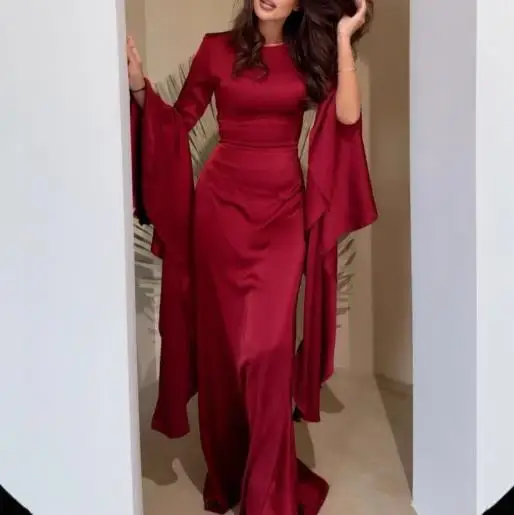 Abito elegante aderente in vita slim fit da donna nuovo autunno con abito a trapezio con maniche a tromba in tinta unita dal temperamento francese