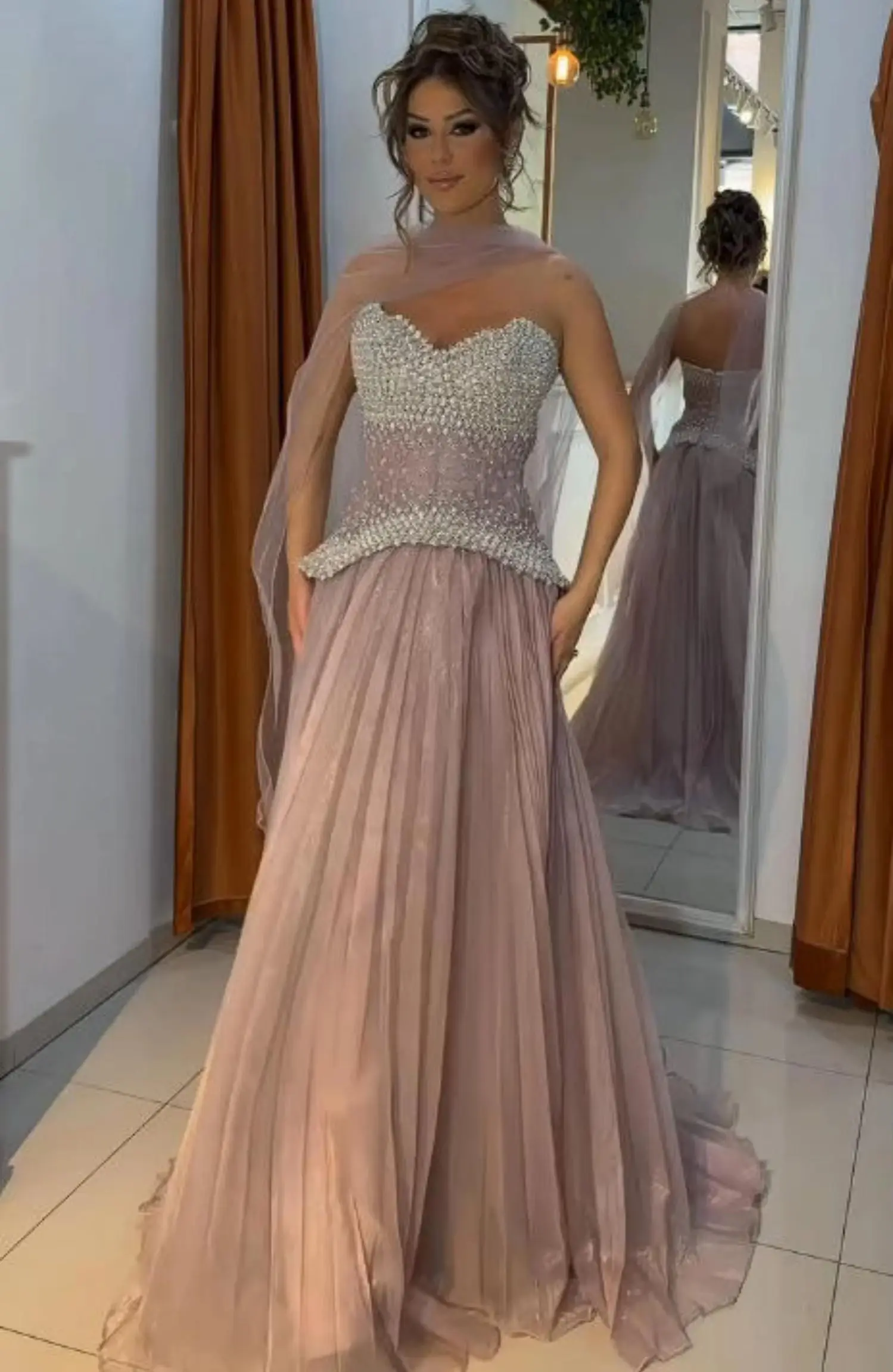 Arabia Exquisite Pink Evening Dresses Full Crystal Bead Corset Bodice Floating Sheer Wrap Cape Gown Prom Dresses Party Gowns