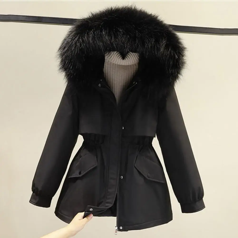 

Winter Mid Length Women Parkas Thickened Plush Long Sleeves Furry Hooded Jacket Elastic Waist Pockets Zipper Closure Overcoat