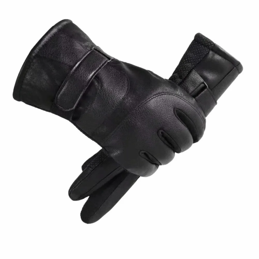 Faux Leather Winter Men Gloves Windproof Waterproof Touchscreen Gloves Adjustable Cuff Strap Thick Fleece Lined Driving Gloves