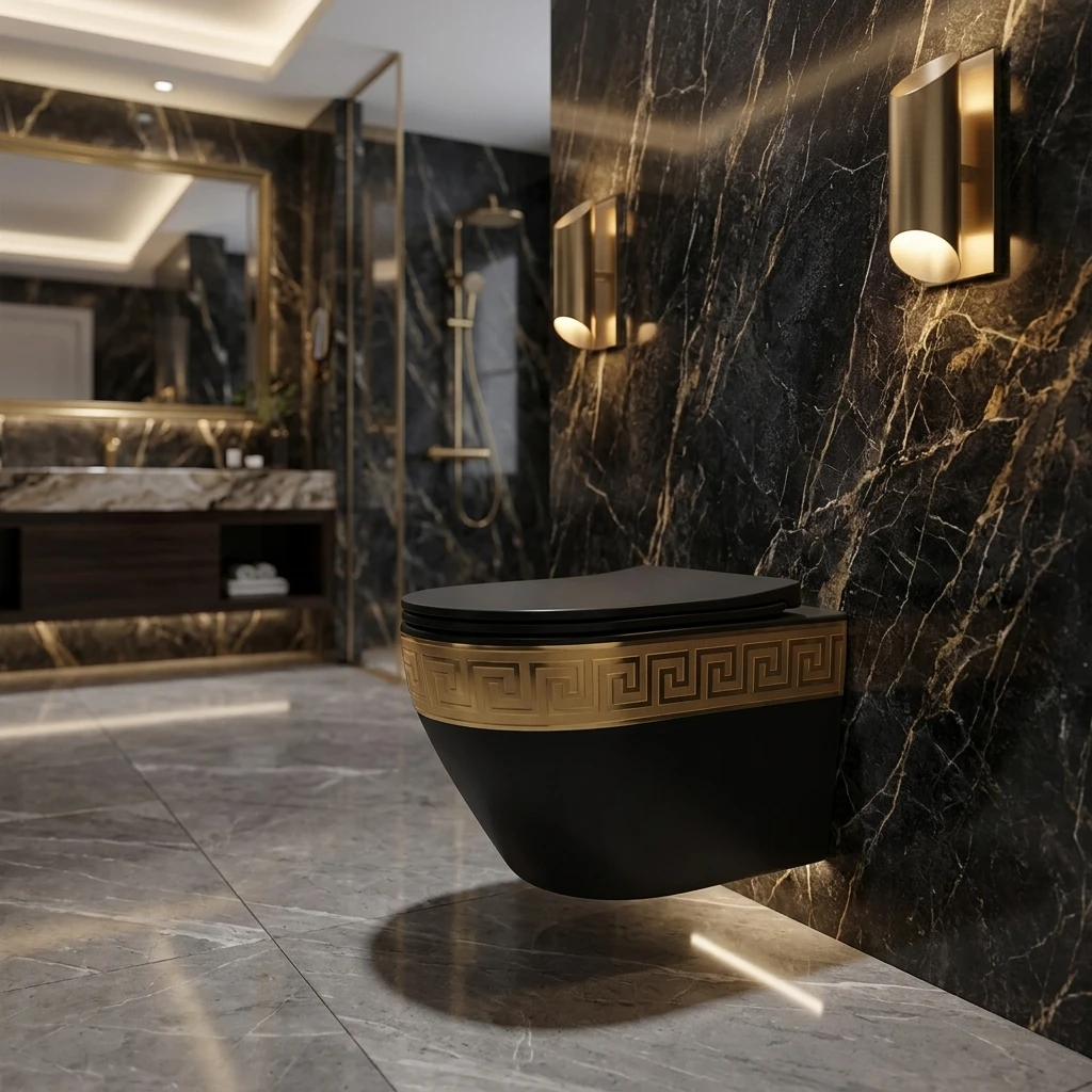 Luxurious Gold-Plated Frameless Ceramic Siphon Flush Modern European Design Concealed Tank Wall-Mounted One-Piece Hanging Toilet