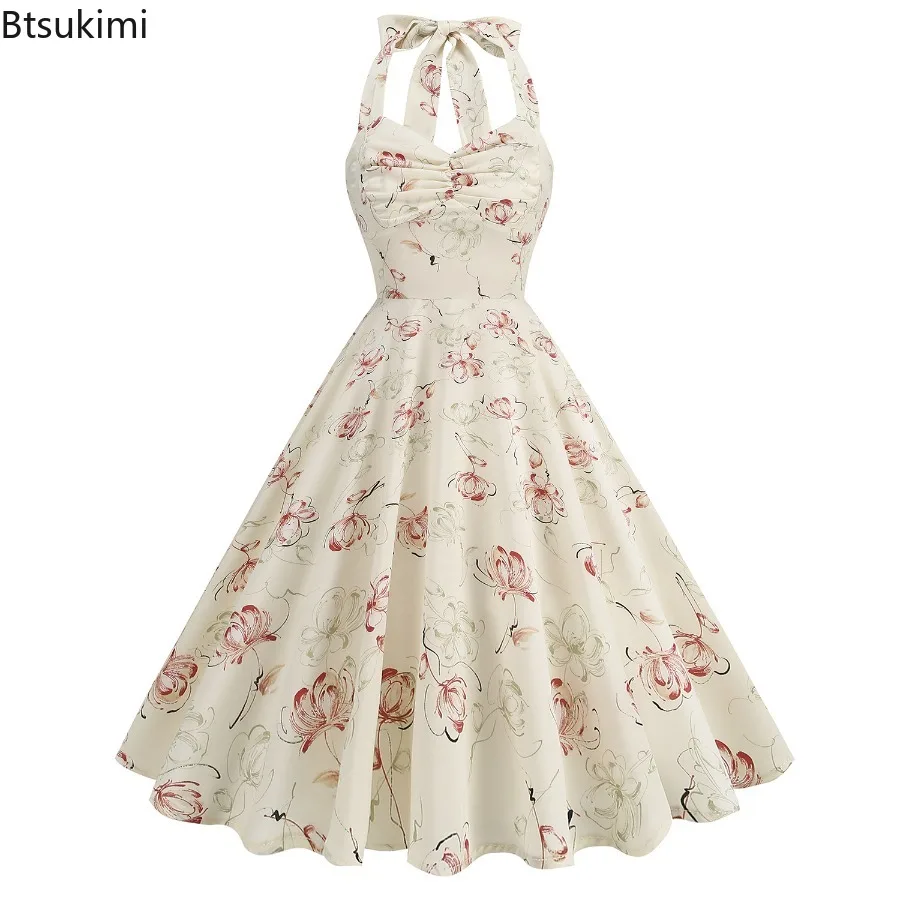 Nouveau 2025 femmes Vintage licou robe Rose fleur damier élégant balançoire robe Rockabilly Cocktail thé robe de soirée pour les femmes