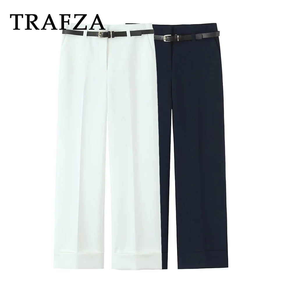 

TRAFZA Chic Solid Woman Casual Pants Wide Leg Pockets Straight Female Trousers High Waist Sashes Streetwear Zipper Mujer Pants
