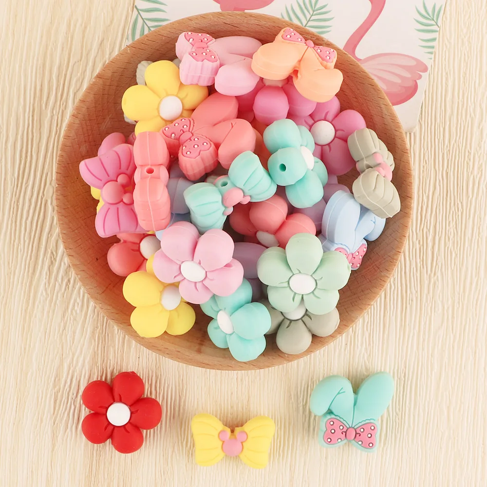 Kovict 10pcs Baby Silicone Beads For Jewelry Making New Bow Tie BowKnot Flower Rabbit DIY Pacifier Chain Jewelry Accessories