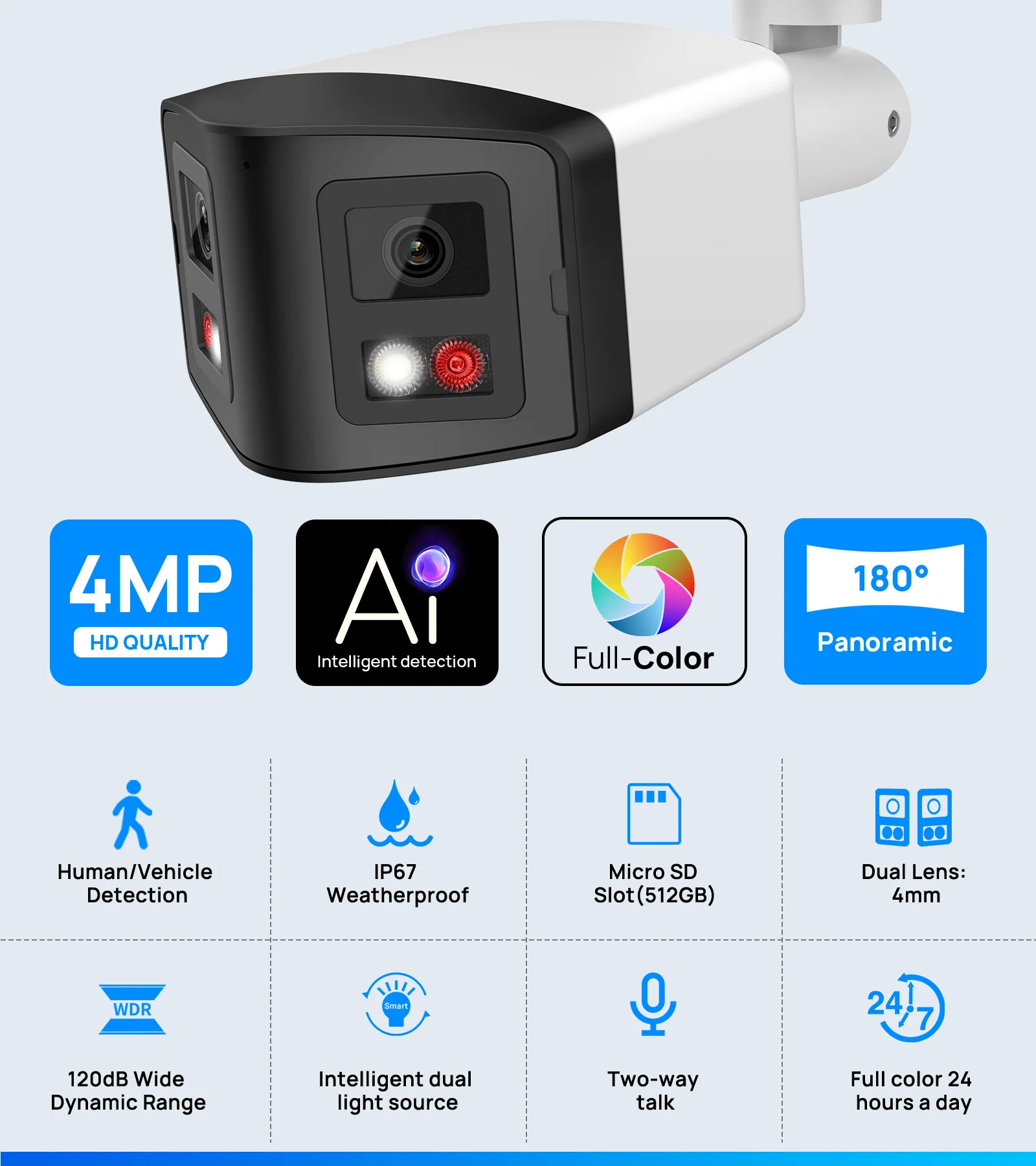 Vikylin Panoramic Security Camera Full Color 4MP Dual Lens 4MM IP Camera For Hikvision Compatible POE CCTV Surveillance Outdoor