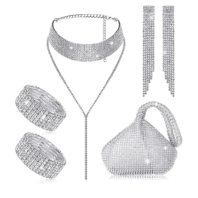 Bridal jewelry set, Western style claw chain earrings, left and right bracelets, necklace, clutch bag