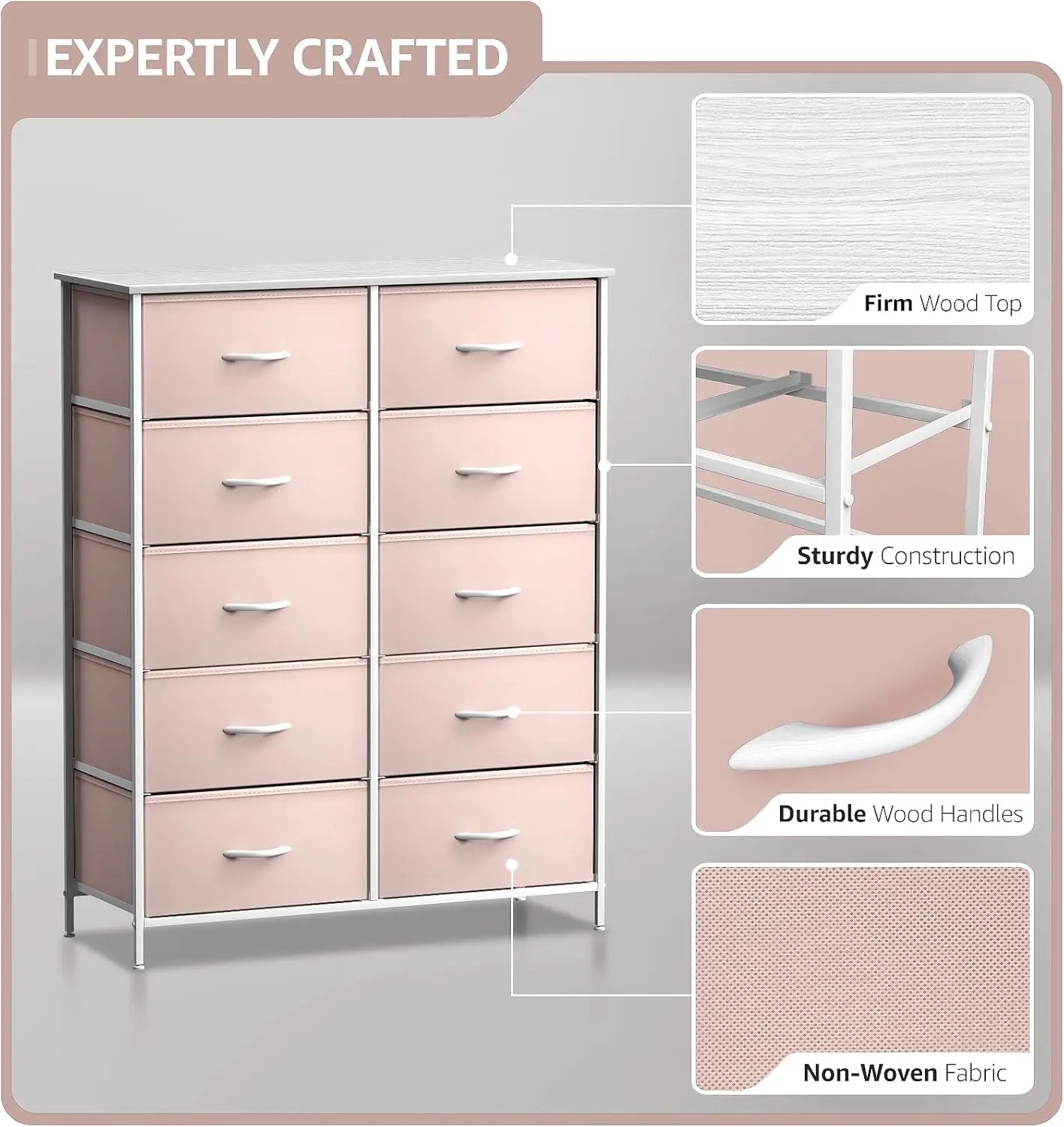 Commode pour enfants avec 10 égouts de proximité, unité de rangement, poitrine pour vêtements, chambre à coucher, chambre d'enfant, chambre d'enfant et Cisco (rose, 34)