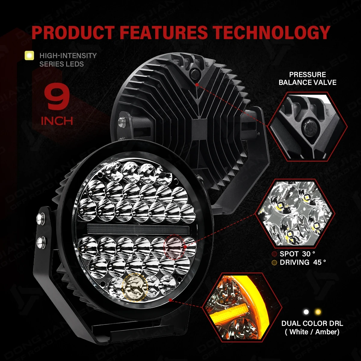 9 Inch Amber DRL Off Road LED Driving Spot Light for Silverado Sierra Tundra D Max Land Cruiser Ranger Hilux Bull Bar Bumper 4X4