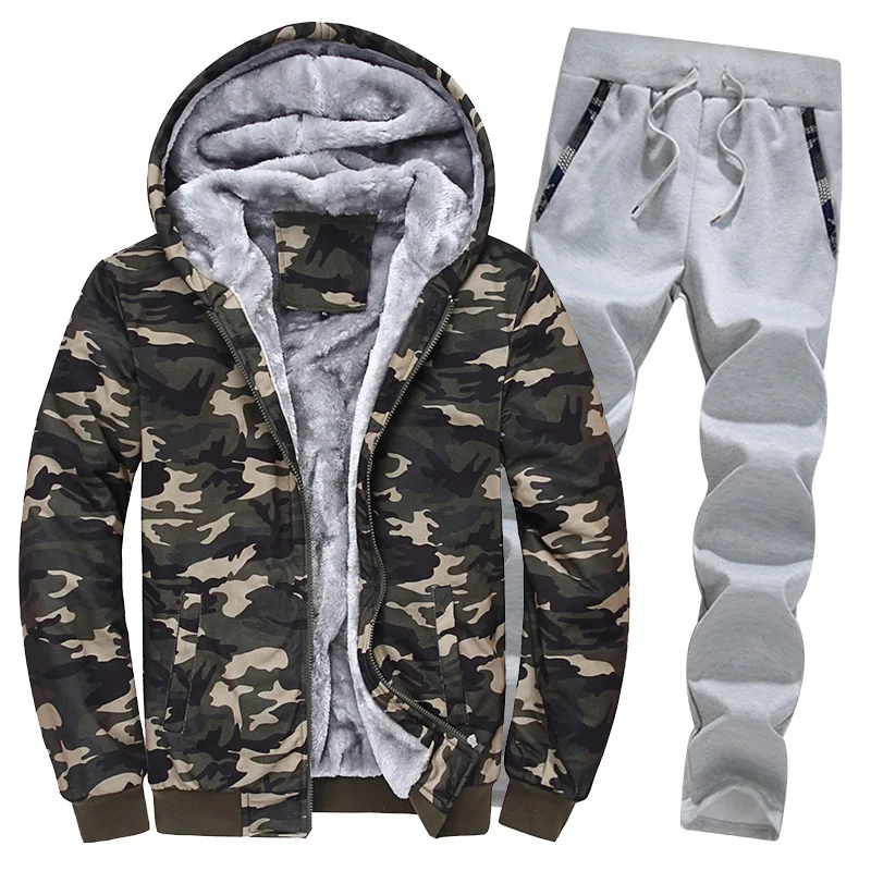 Prowow Winter clothing new Plush men's sportswear sweatshirt set oversized slim fit thick warm camouflage suit