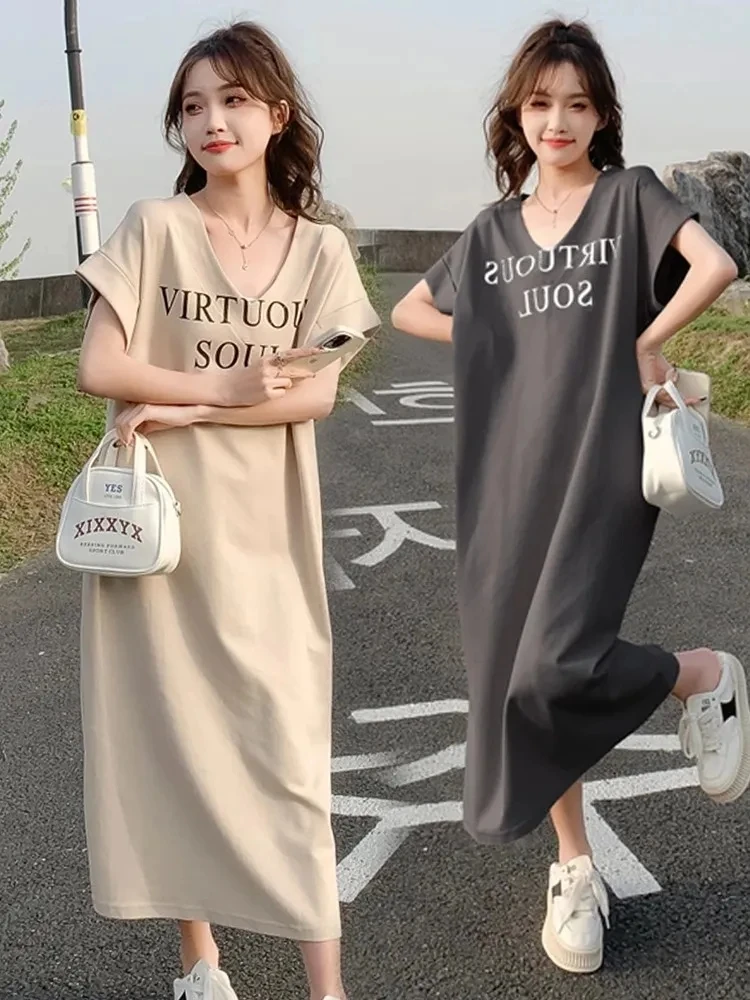 Lazy style loose Korean oversized T-shirt Dress, Summer Short Sleeved Women's V-neck rolled edge sleeve slit long Dress,2024,