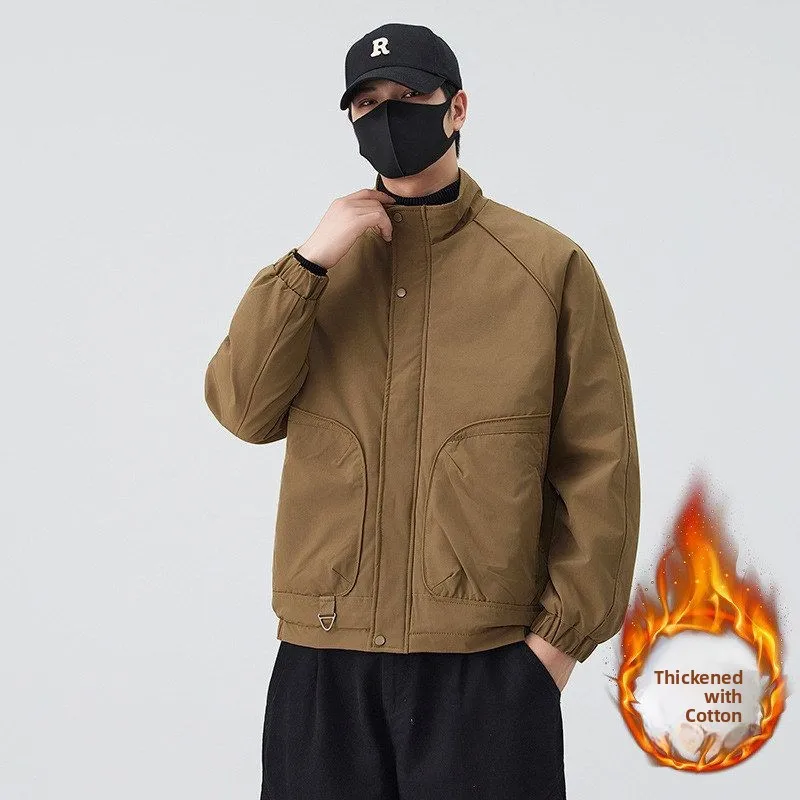 

Autumn Winter Men's Cotton Jaet Stand Collar Oversized Embellied Metal Straight Hem Long Zipper Warm Thiened Cotton Coat