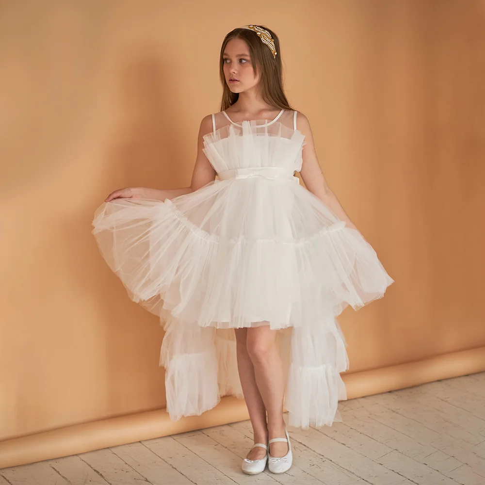 Flower Girl Wedding Dress Elegant Party Dresses For Girls Baptismal White Dress Children Princess Dress Kids Trailing Prom Dress