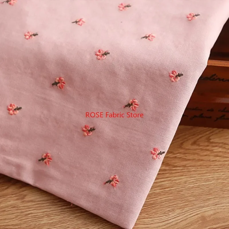 3D Pink small flower Ramie Embroidery Cotton And Linen Fabric For dress, tops, table cover, costumes design, Summer Dress
