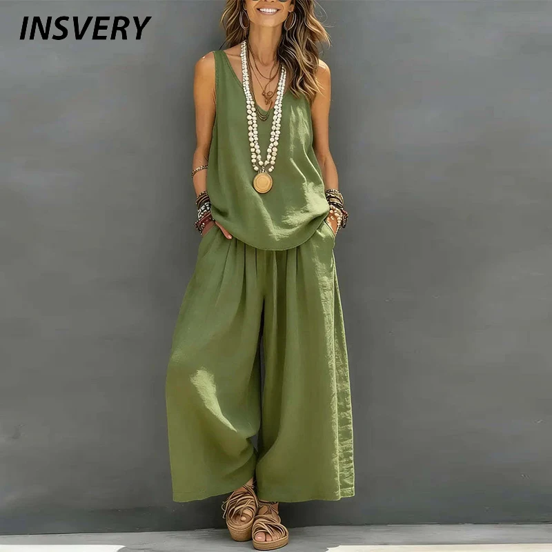 

Летний женский повседневный комплект 2026: топ с V-образным вырезом и открытыми плечами, широкие брюки, костюм-двойка в стиле стритвир