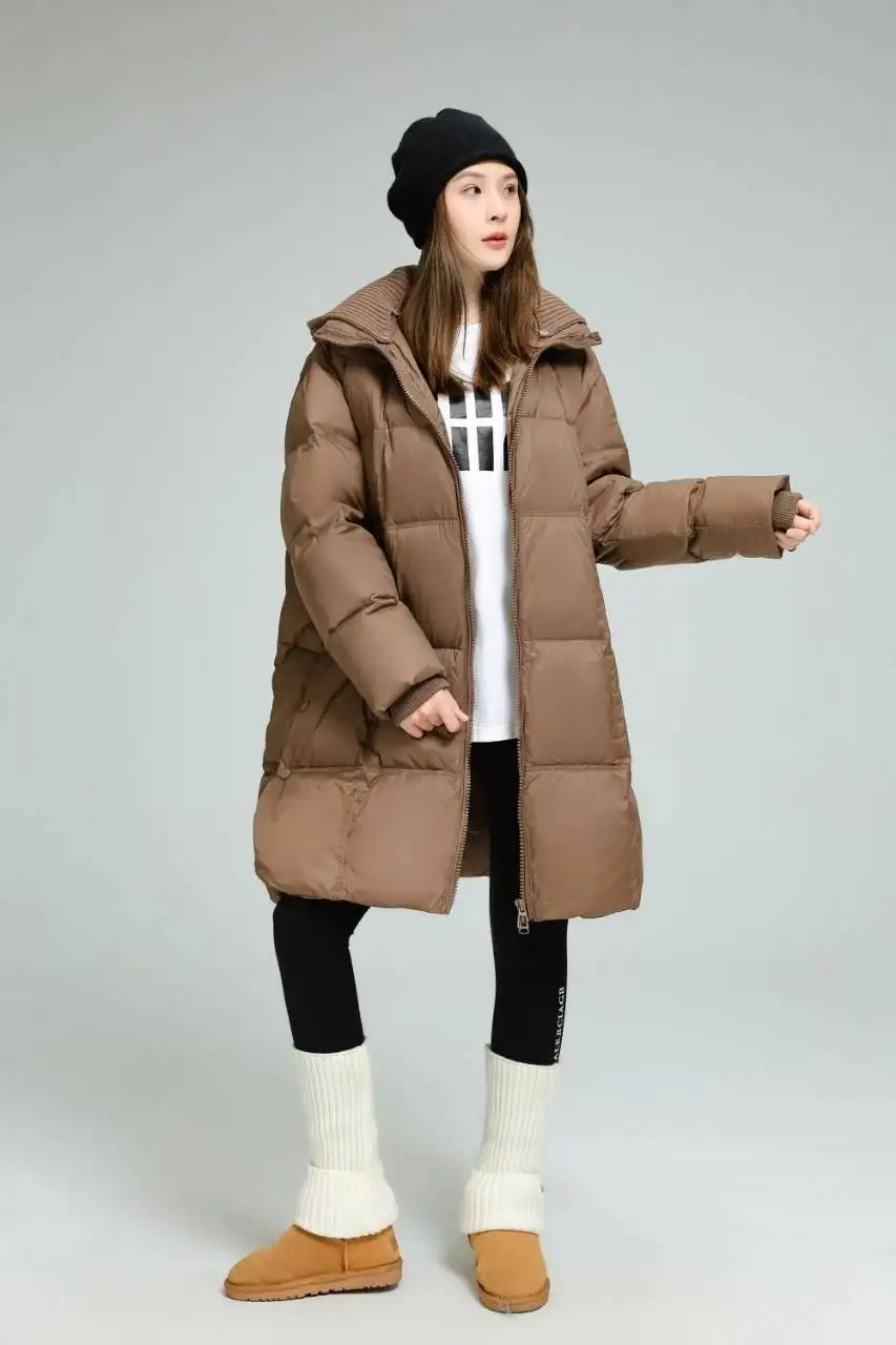 Winter Knitted Hooded Splice Down Jacket Women White Duck Down Double Zipper Outwears Female Warm Mid-length Parker Down Jacket