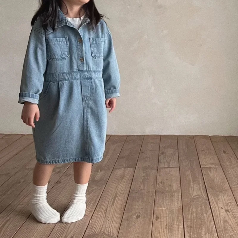 

2025 Autumn New Girls Denim Dress Children Long Sleeve Lapel Princess Dress For Baby Girl Denim Casual Dress Kids Clothes