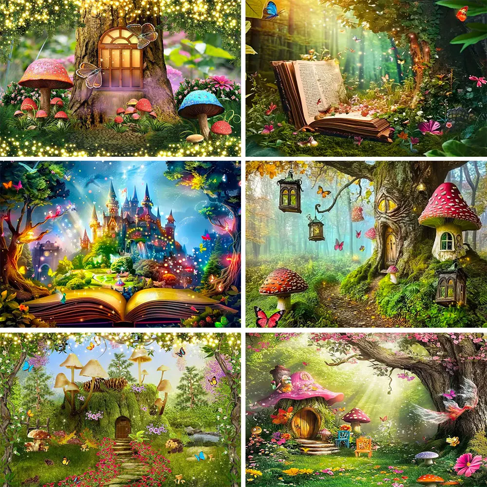 

Fairy Tale Enchanted Forest Backdrop Photography Wonderland Dreamy Jungle Mushroom Baby Birthday Party Backgrounds Decor Prop