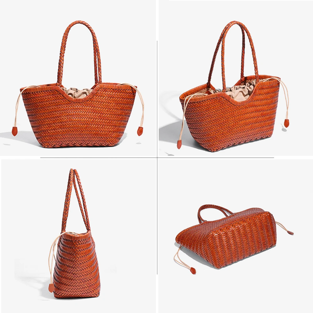 Women Genuine Leather Tote Bag Large Handwoven Shoulder Bag Top Handle Handbags Weave Casual Shopper Bag Vintage Underarm Purse