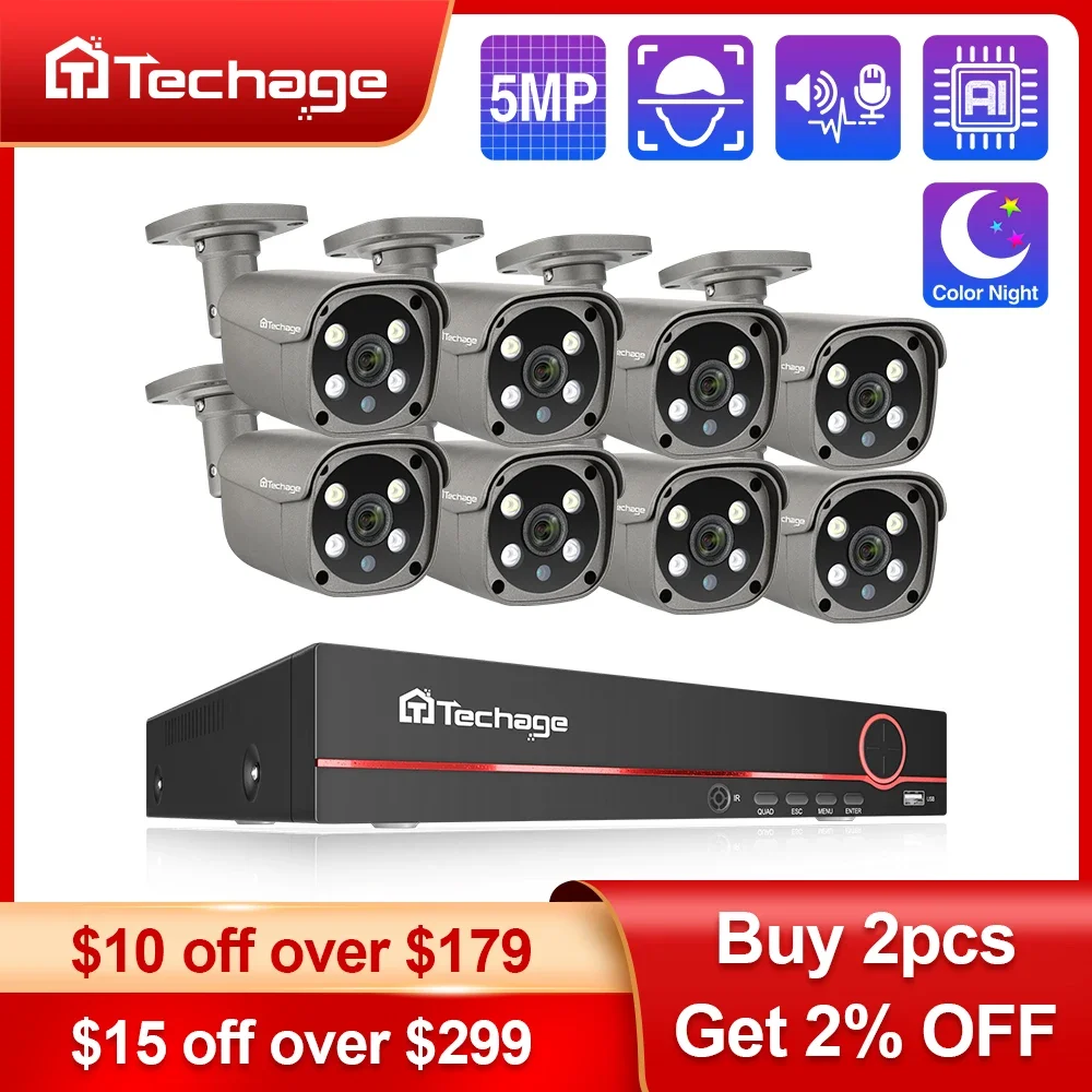 Techage 8CH 5MP HD POE CCTV sistema de cámaras de seguridad Kit de videovigilancia para el hogar detección facial conjunto de cámaras IP para exteriores Xmeye