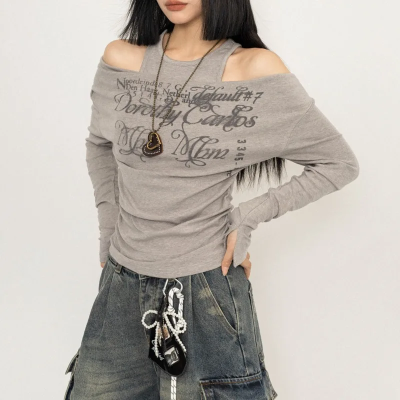 

Streetwear Hollow Strapless Sexy Long-sleeved T-shirt Women 2025 Autumn New American Letter Printing Casual Halter Tops