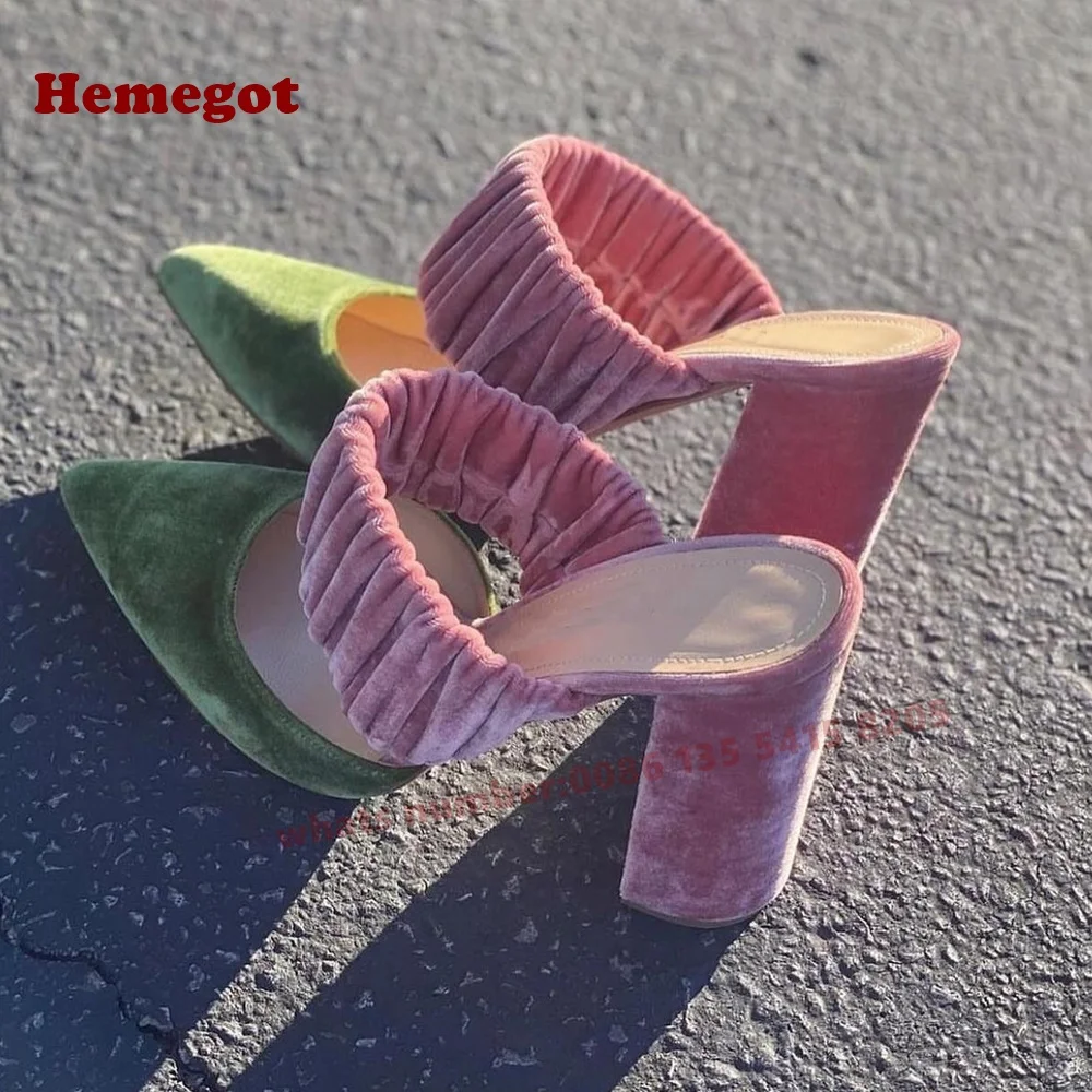 

Splicing Velvet Chunky Heels Slippers Pointy Toe One Straps Women's Mules Summer 2025 New Design Multi-Color Sexy Luxury Shoes