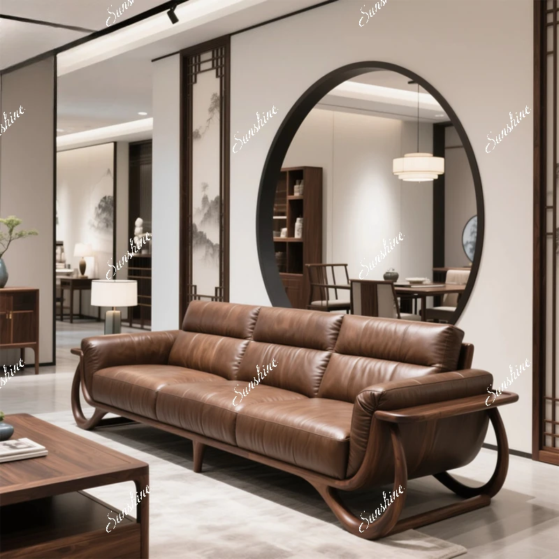 All solid wood leather sofa simple new Chinese living room creative furniture