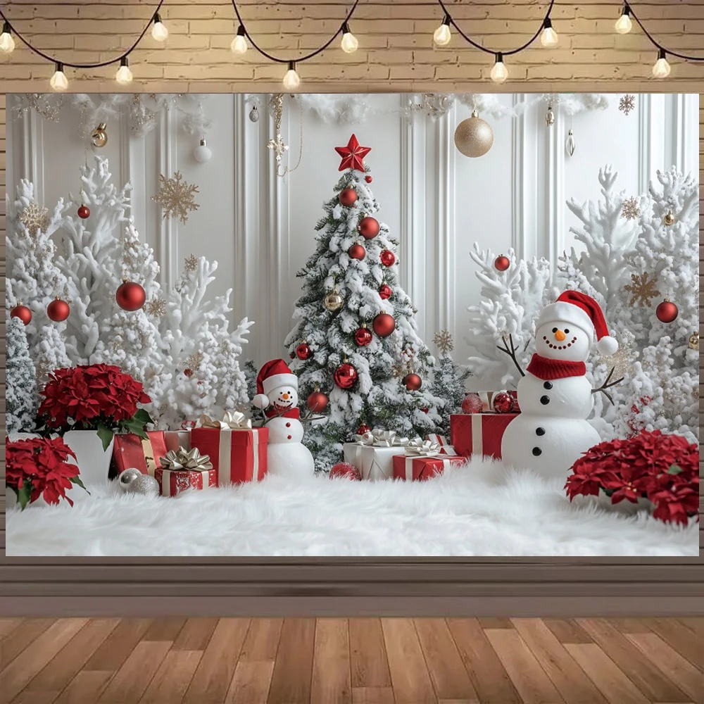 Winter Christmas Decoration Backdrop Frosted Xmas Tree Snowman Gift Pile Kids Party Family Portraits Backgrounds for Photographs