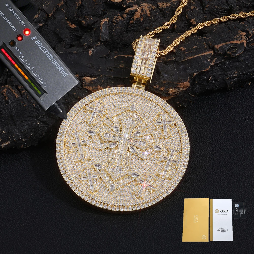 

Hip Hop Custom VVS1 Moissanite Cross Circle Pendants Necklaces Iced Out Brass Personalized Men Pendant with Passed Diamond Test