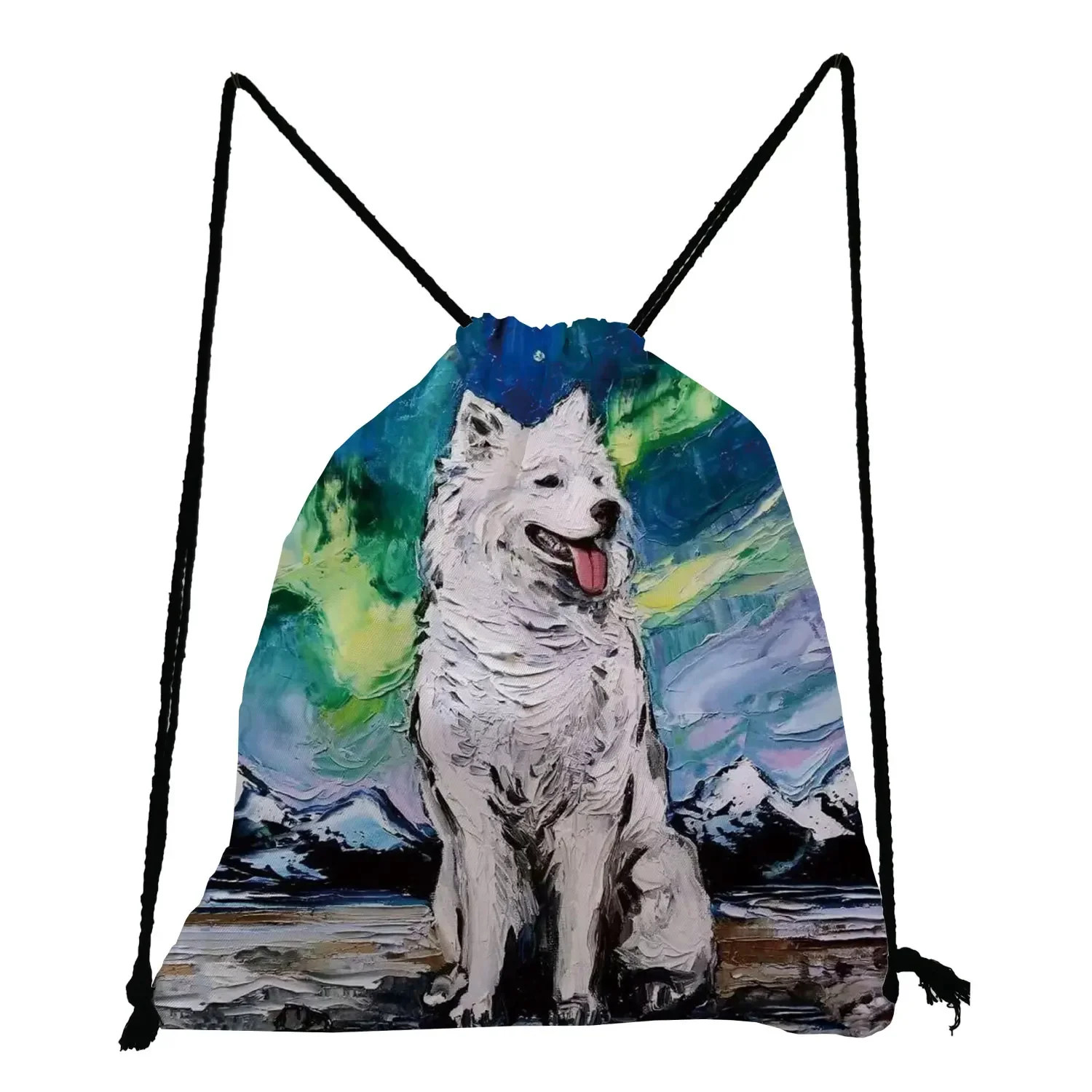 Mochila portátil con estampado de perro para mujer, bolso de viaje con bolsillo y cordón, con pintura al óleo de cielo estrellado, a la moda, para estudiantes