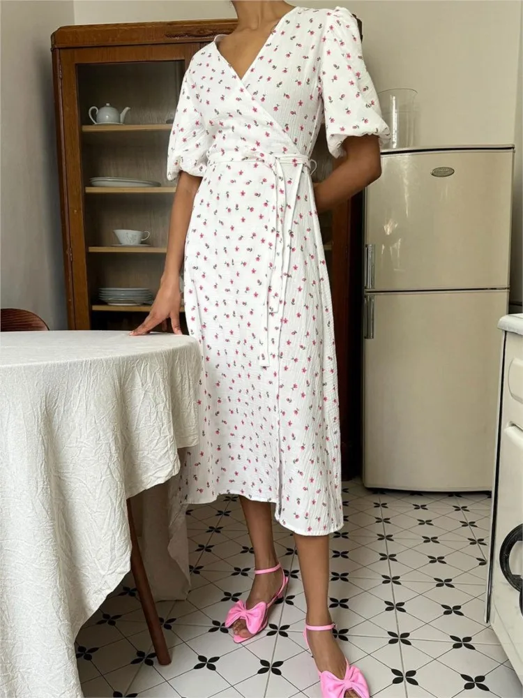 Cotton Fresh Sweet Women Summer Dresses Floral Print A-line Midi Dress With Side Slits Long Elegant White Vestidos For Women2024