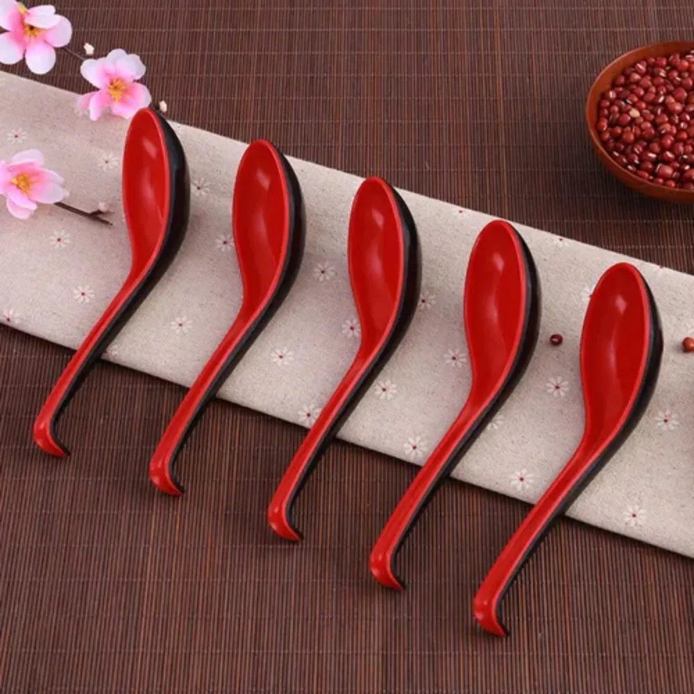 5pcs/set Plastic Red Black Soup Spoons Long Handle Bicolor Porridge Spoons Anti Scalding Imitation Porcelain Restaurant