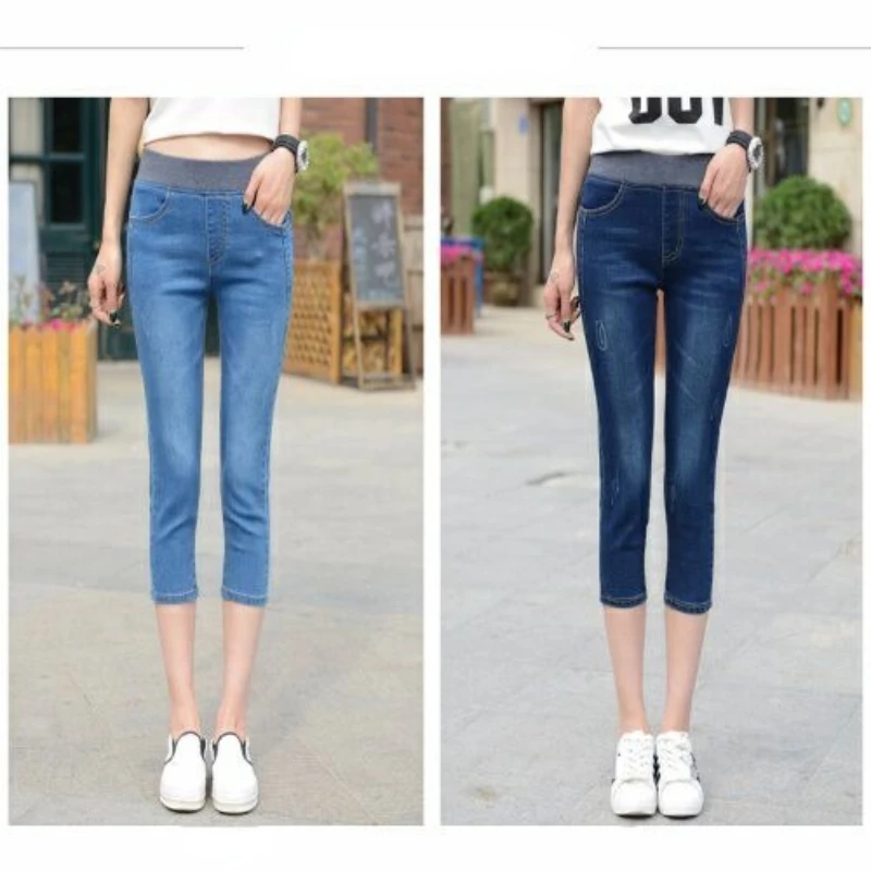 26-40 Denim Musim Panas Capri Peregangan Skinny Jeans Wanita Pinggang Tinggi Kasual Betis-Panjang Pensil Denim celana