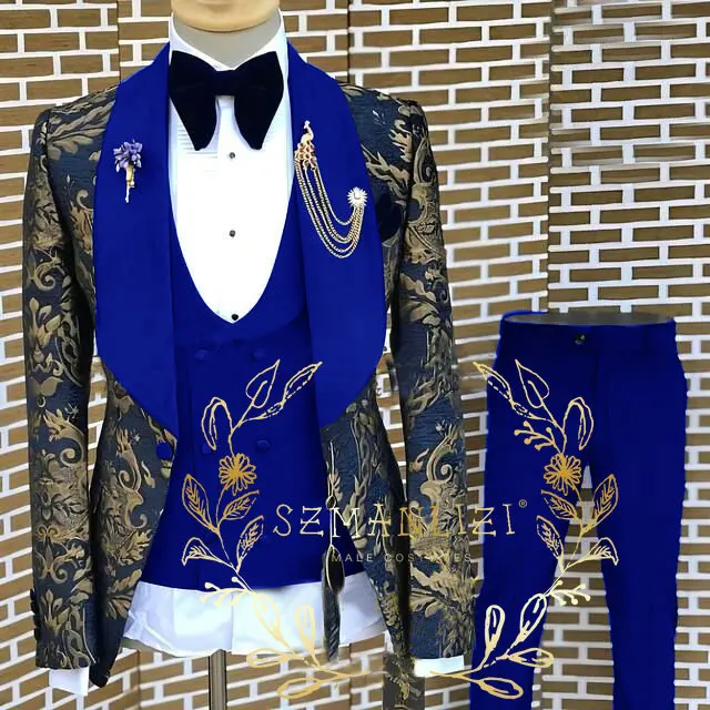 

Costume Homme Jacquard Mens Fashion Party Suits Shawl Lapel 3 Pieces Set Wedding Groom Suits Quality Floral Banquet Tuxedos