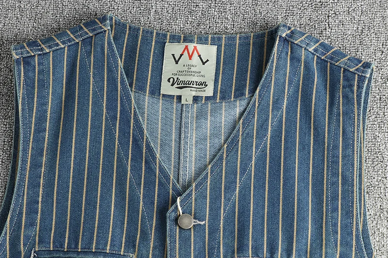 Chaleco de mezclilla a rayas Retro japonés para hombre, abrigo informal de algodón puro lavado sin mangas, cuello en V, múltiples bolsillos, Moda de