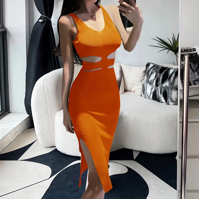 YuooMuoo Chic Fashion Sexy Wrap Hips Split Knitted Summer Dress Women Cut Out Waist Bodycon Long Dress Streetwear Outfit Vestido