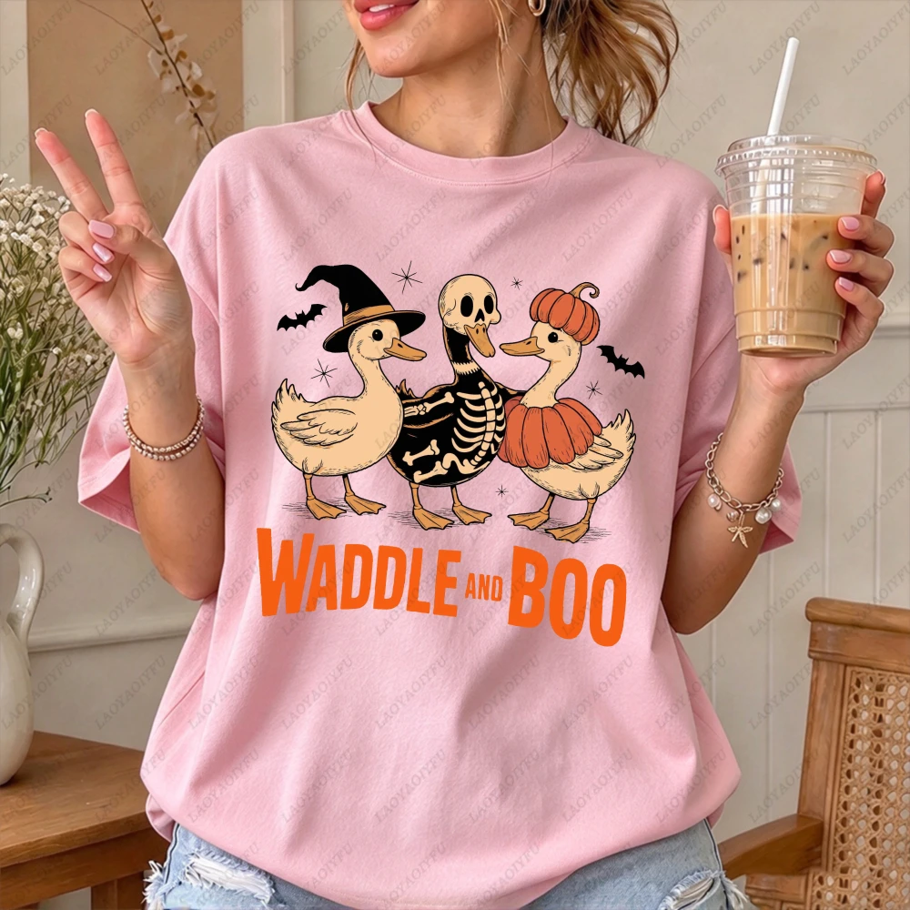 Waddle And Boo Halloween Duck Skeleton Graphic Women Casual Short Sleeve Cotton T-Shirt Witch Hat Pumpkin Funny Spooky Duck Top
