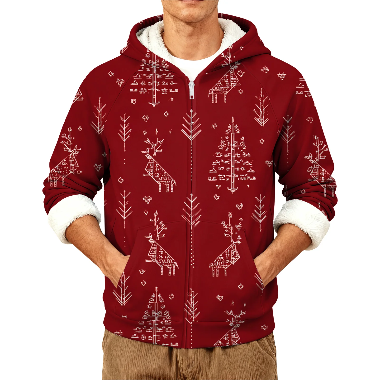 

Printed Cardigan Warm Coat Christmas Style Men'S Autumn And Winter Casual Fleece-Lined Hooded Jacket Fashion Menswear Multiple