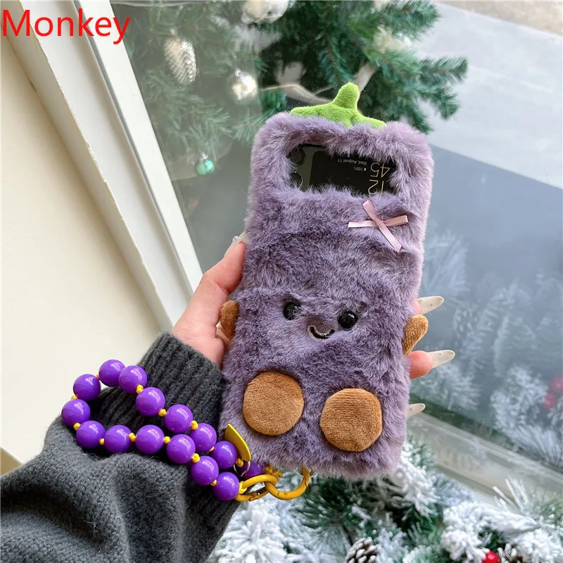 

Милый мультяшный 3D плюшевый чехол с баклажанами для Samsung Galaxy Z Flip 7 6 5 4 3 2 1 Flip6 Flip5 Пушистый теплый зимний меховой твердый чехол