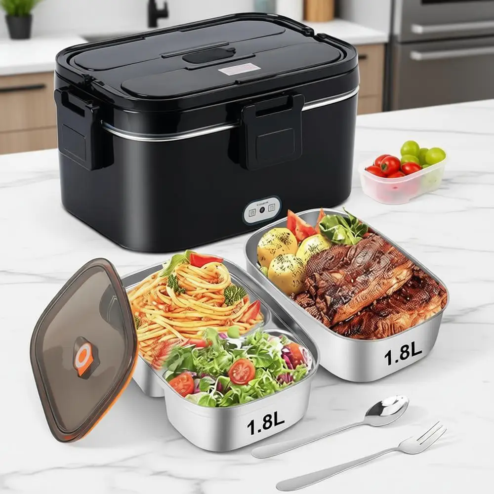 

100W Electric Lunch Box Warmer, 1.8L Dual Container, Portable Heated Lunch Box for Car, Truck, Work, Stainless Steel Fork & Spoo