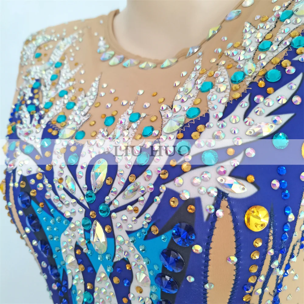 LIUHUO justaucorps de gymnastique rythmique aérobic adulte femmes fille Costume Performance compétition robe de danse bleu marine adolescents enfants