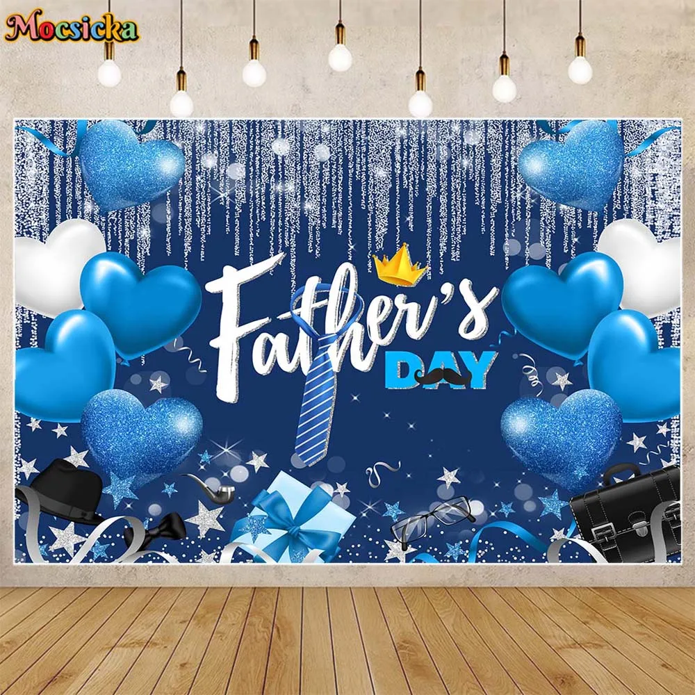 

Mocsicka Father's Day Backdrop Best Dad We Love You Party Decor Blue Heart Balloon Silver Glitter Tassel Photography Backgrounds