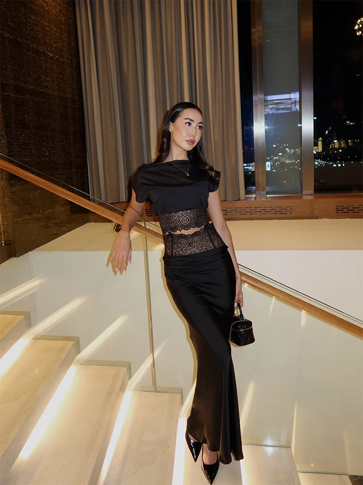 Women Lace Patchwork Suits 2 Piece Set (Sheer Crop Top+Skirt) Party ELegant Tracksuits Sexy Club Fashion Streetwears Slim Fits view 2