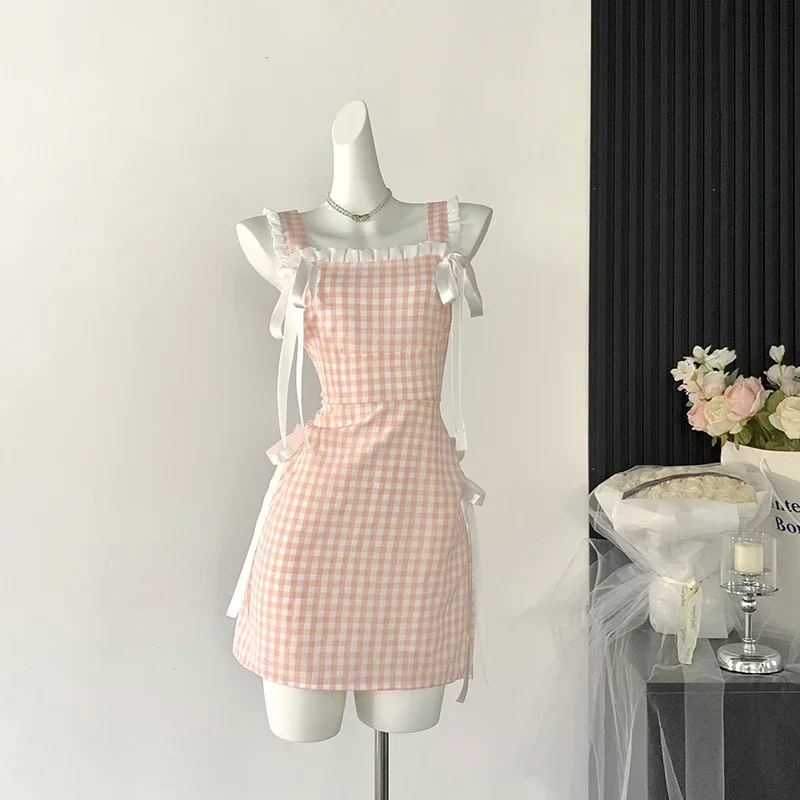 Summer Women Pink Plaid A-line Mini Dress Y2k Vintage Elegant Bow Dresses Off Shoulder Sleeveless One Piece Frocks 2000s Clothes