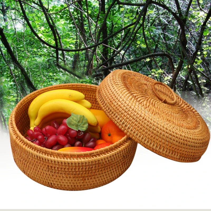 Handwoven Rattan Box with Lid Wicker Food and Tea Container Picnic Bread and Fruit Basket for Kitchen Multipurpose Organizer