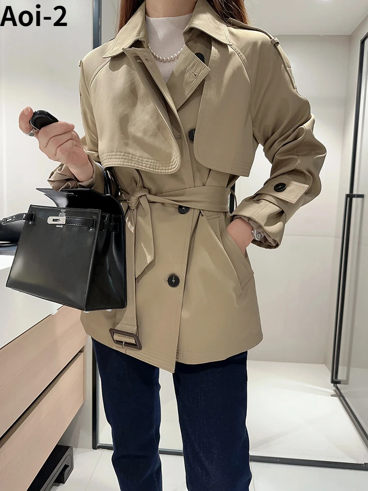 

Fashion Classic Short Windbreaker Women's Spring Autumn High Quality Three-Dimensional Long Belt Double-Breasted Silm-Fit Coat