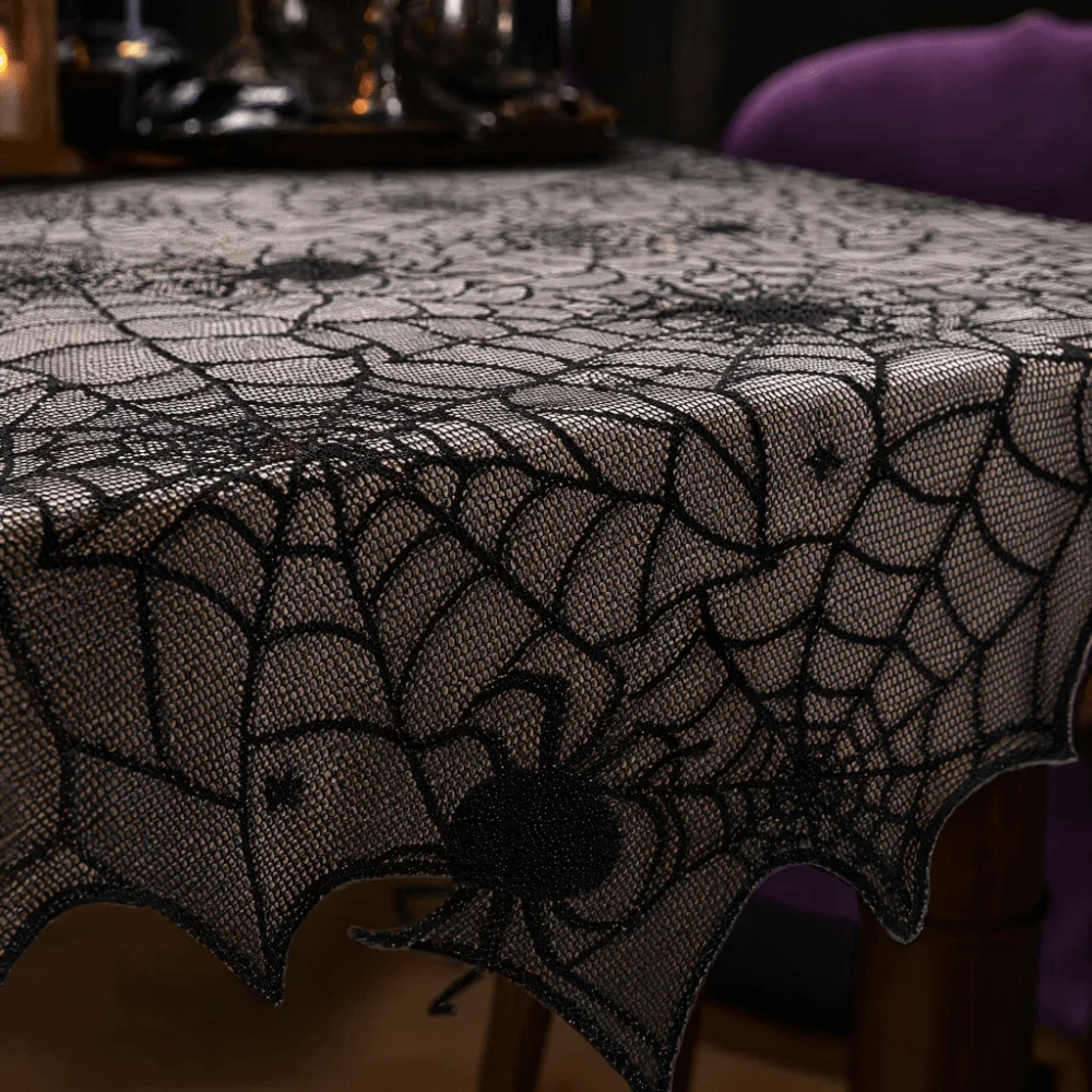 Fashion Portable Halloween Decoration Lace Lightweight Black Tablecloth Ghotic Unique Spider Web Tablecloth Event Decoration