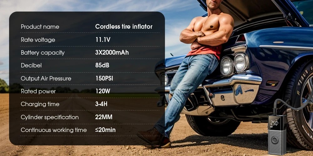 CARSUN Tragbarer Kompressor für Auto, kabelloser Reifenfüller, wiederaufladbare Luftpumpe für Motorrad, Fahrrad, Ball, elektrischer Luftfüller – Detail 7